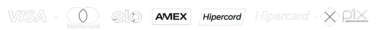 Bandeiras Visa, Mastercard, Elo, Amex, Hipercard e Pix